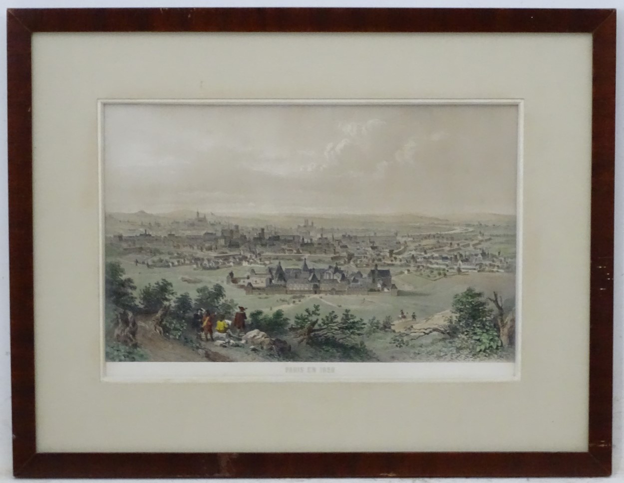 French, Topographical hand coloured stone lithograph / engraving, 'Paris en 1620'.