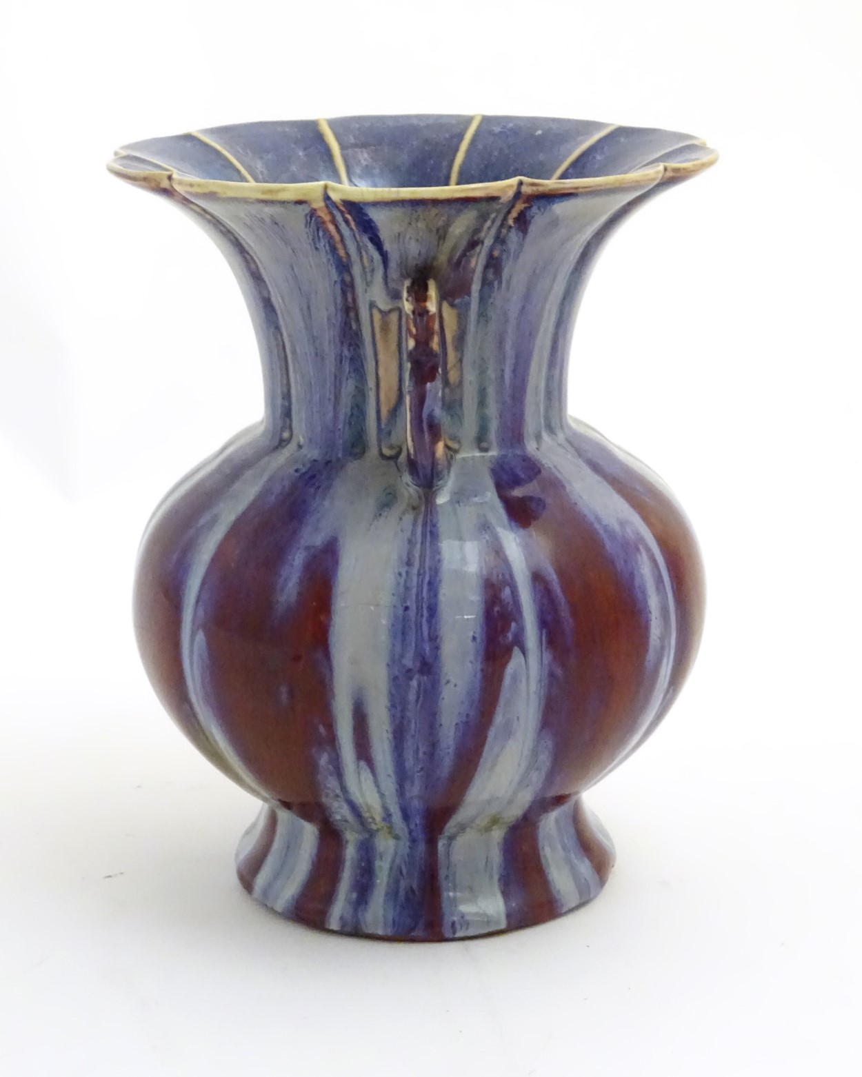 A twin handled Chinese high-fired, flambe globular vase with a splayed foot and flared rim. - Image 5 of 9