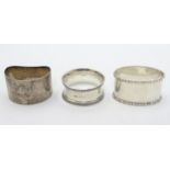 3 various silver napkin rings hallmarked Sheffield 1925 maker Richard Richardson,