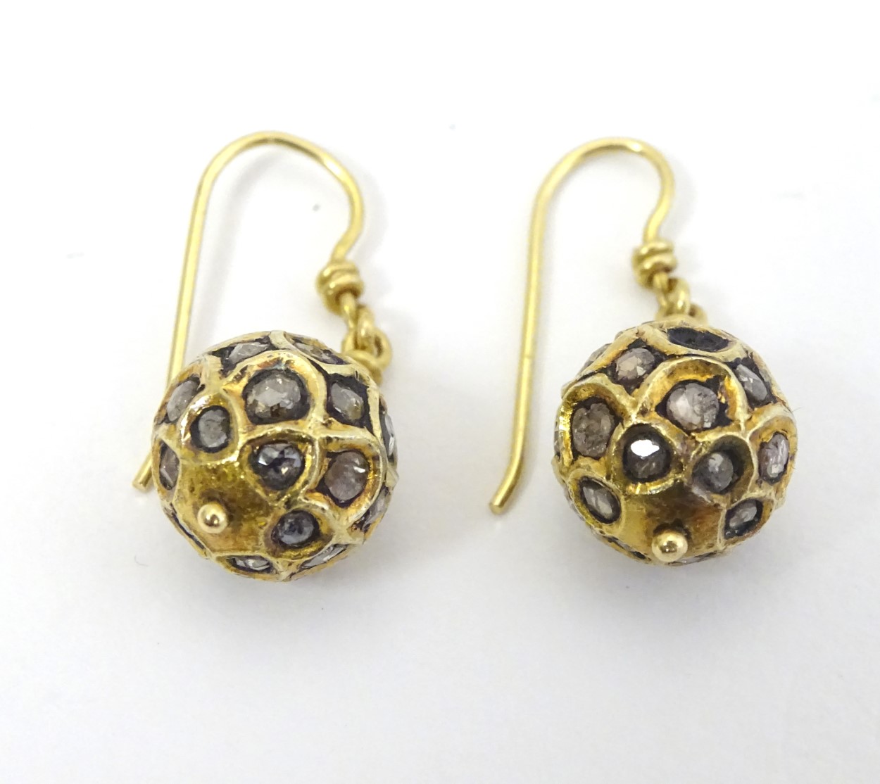 A pair of Art Deco 9ct gold and gilt drop earrings of spherical form set with a profusion of - Image 5 of 5