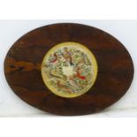 Circa 1900, Needle point tapestry / textile art, A tondo in a Rosewood veneered oval table top,