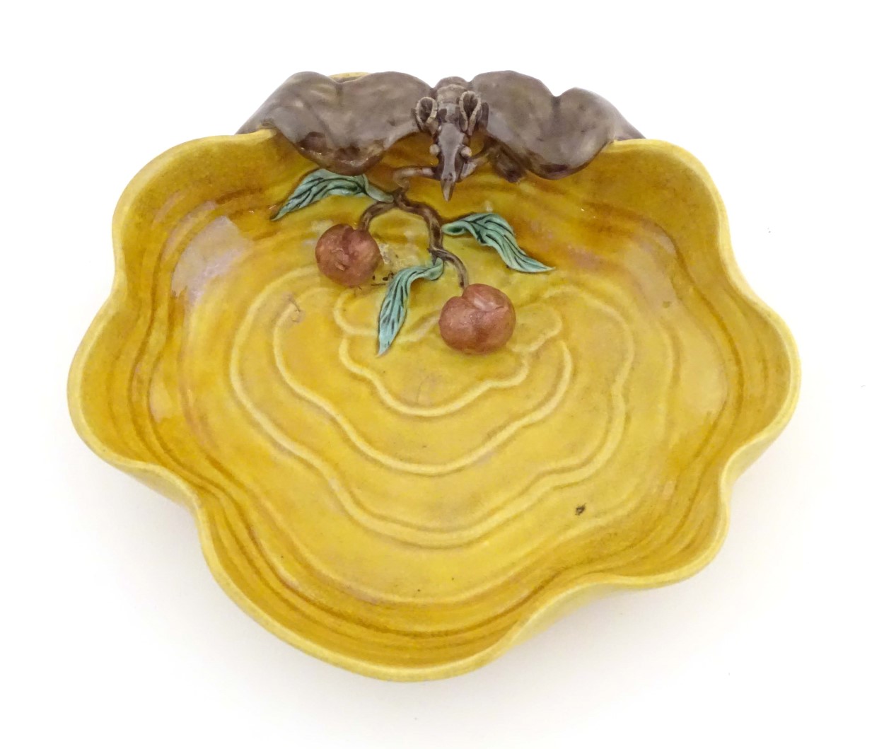 A Chinese wavy edged yellow brush wash dish with bat and fruit decoration, - Image 2 of 7