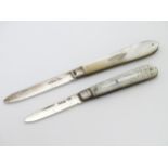 2 mother of pearl handled folding fruit knives.