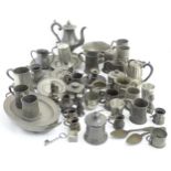 Assorted pewter to include 19thC plates, flour shaker / caster tea caddy, tankards, teapots,