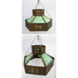 A pair of 19 thC Secessionist Copper Hexagonal hanging lanterns with squared shades and green