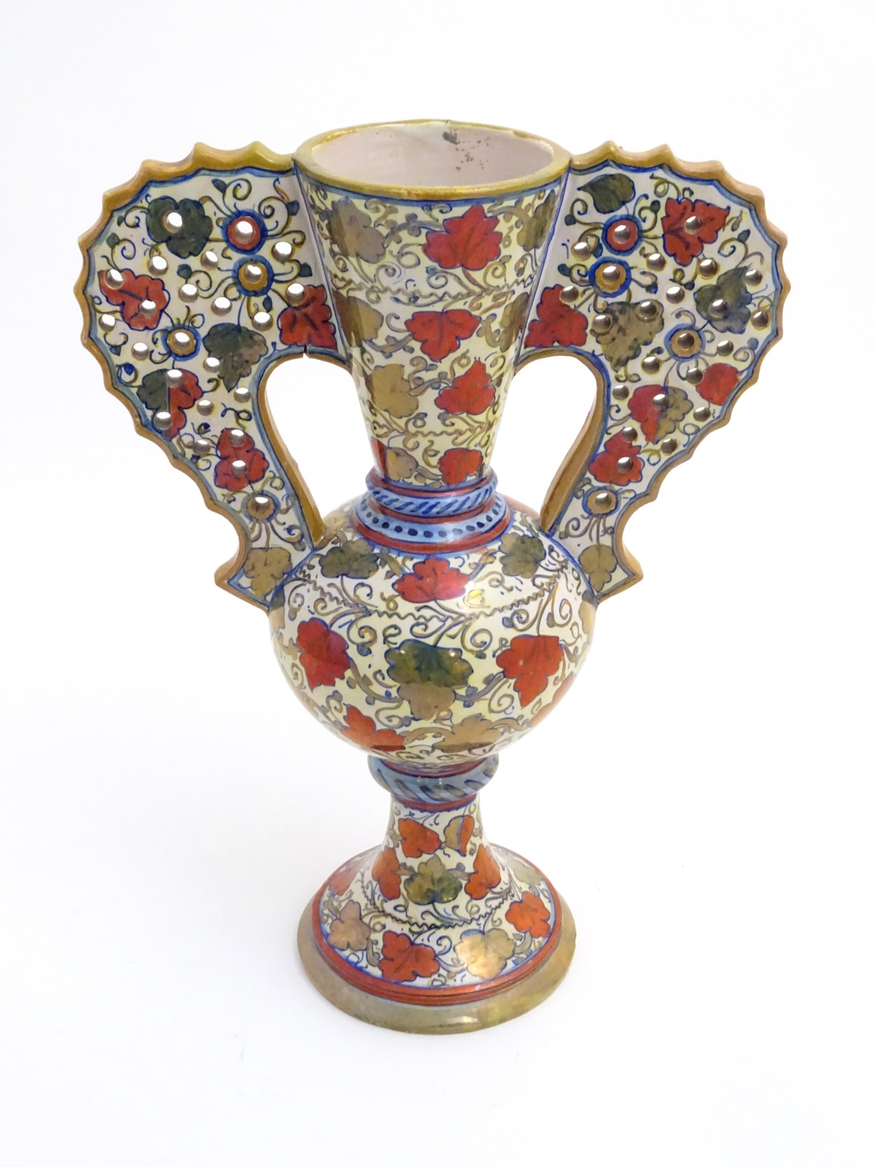 A late 20thC Italian Gu-shaped vase with large wavy edged handles with pierced decoration,