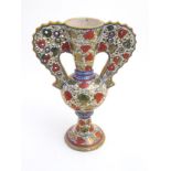 A late 20thC Italian Gu-shaped vase with large wavy edged handles with pierced decoration,