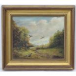 Arthur Baker, XX, Oil on canvas, Pheasants crossing a ride in woods, Signed lower right,