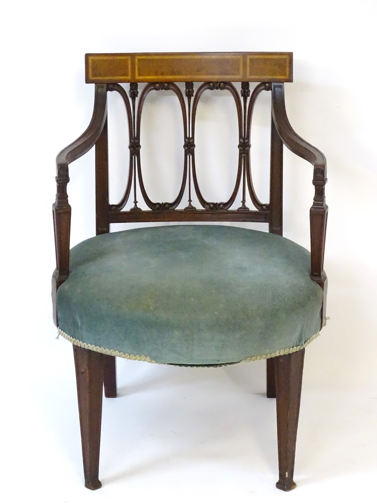 An Edwardian mahogany open armchair with satinwood inlaid top rail, repeating carved oval backrest, - Image 2 of 7