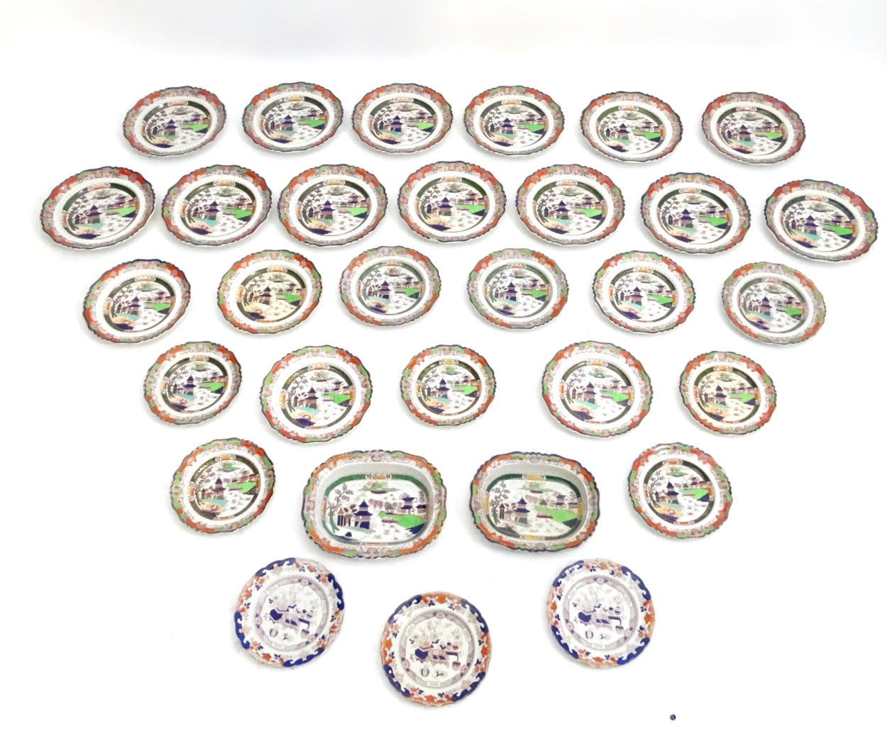 An assorted quantity of iron stone china dinner wares with a chinoiserie scene and clobbered - Image 4 of 15