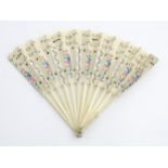 A Victorian cream paper lace, hand painted pierced fan with 13 bone sticks.