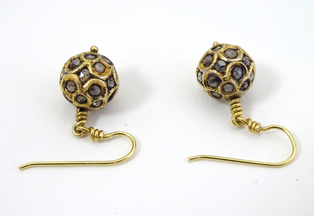 A pair of Art Deco 9ct gold and gilt drop earrings of spherical form set with a profusion of - Image 3 of 5