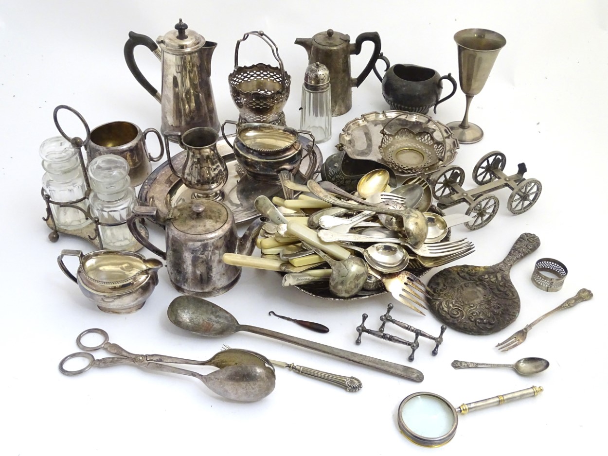 Assorted silver plate etc wares to include hot water pots, cruets, flatware, table carriage,