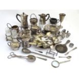 Assorted silver plate etc wares to include hot water pots, cruets, flatware, table carriage,