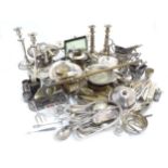 Assorted silver plated and silver wares, to include various flat ware, dressing table pots,