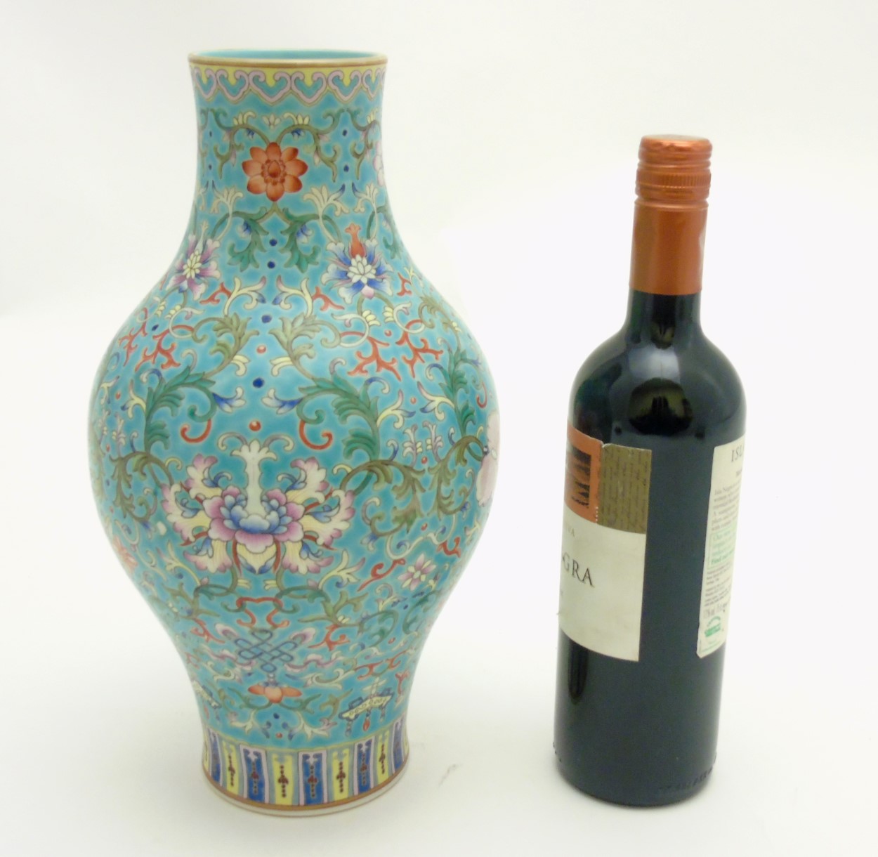 A Chinese Famille Rose turquoise-ground cloisonné-imitation vase, with round bulbous body to centre, - Image 7 of 8