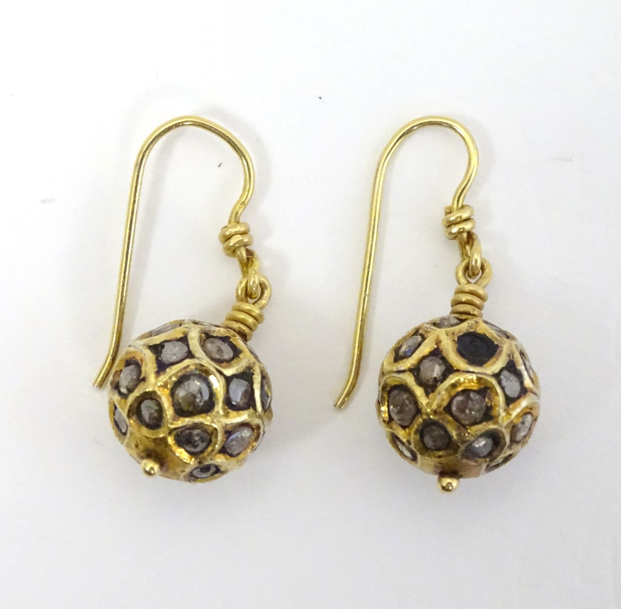 A pair of Art Deco 9ct gold and gilt drop earrings of spherical form set with a profusion of - Image 2 of 5