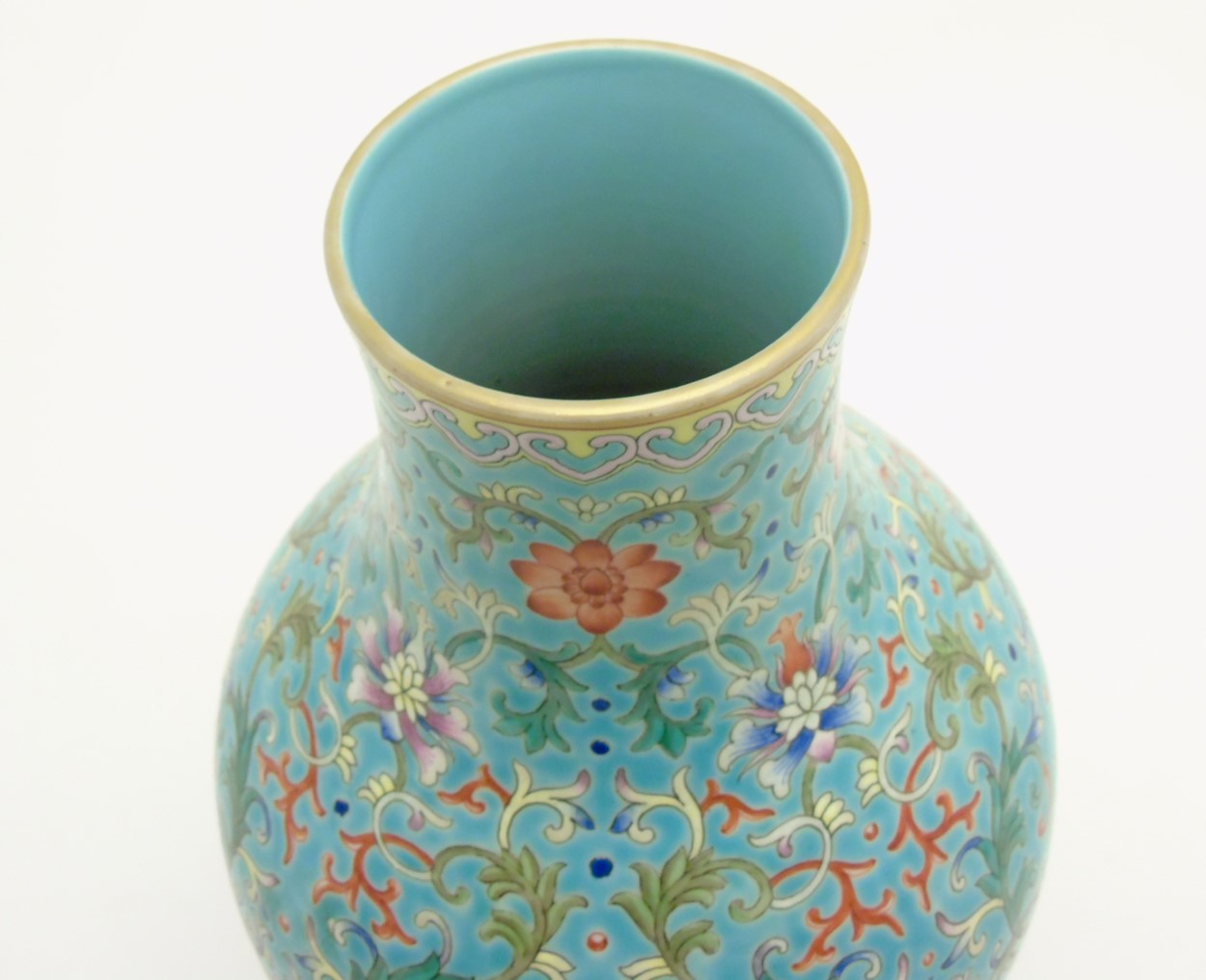 A Chinese Famille Rose turquoise-ground cloisonné-imitation vase, with round bulbous body to centre, - Image 8 of 8