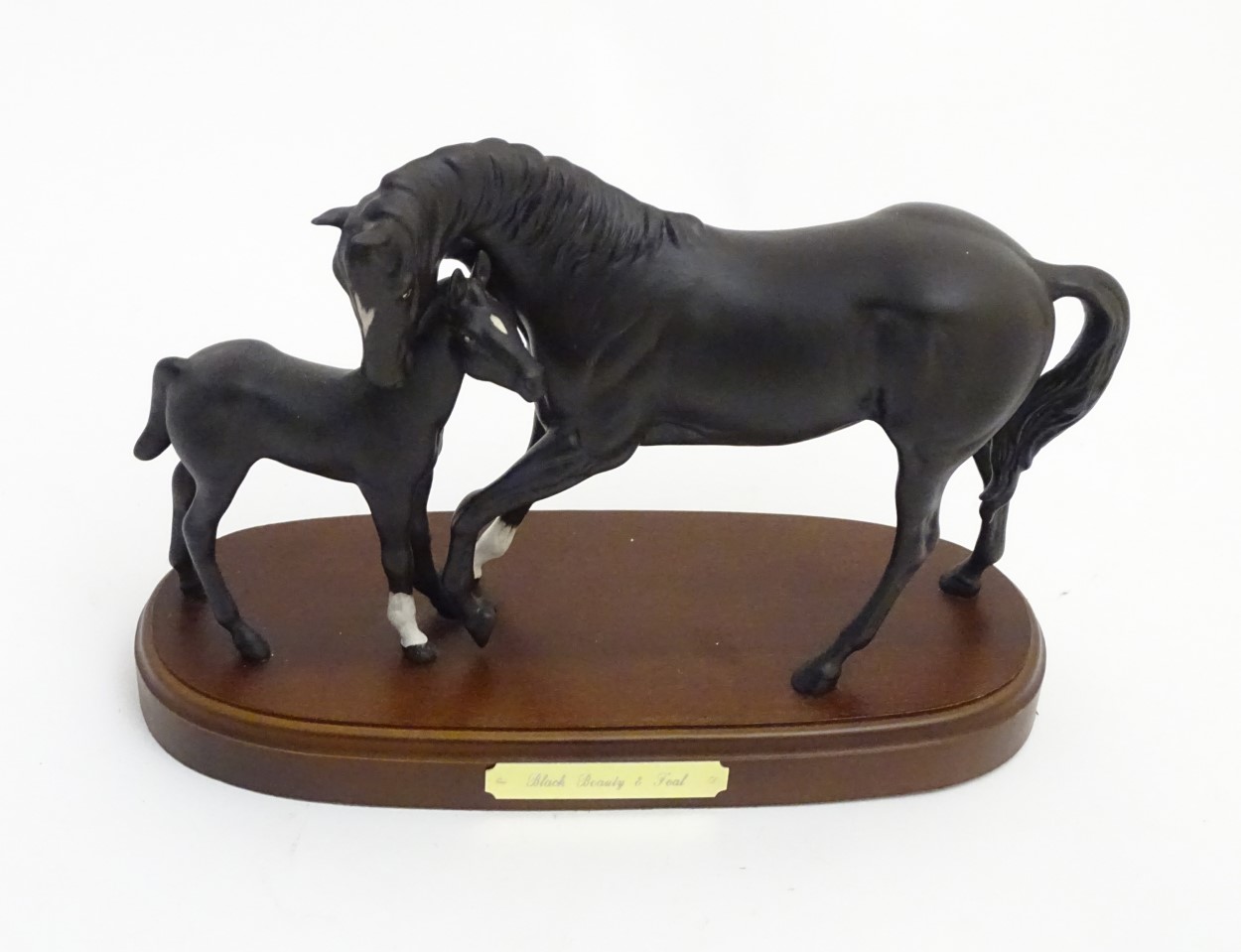 A Royal Doulton 'Black Beauty and Foal' equestrian group on a wooden plinth. Approx. - Image 3 of 7