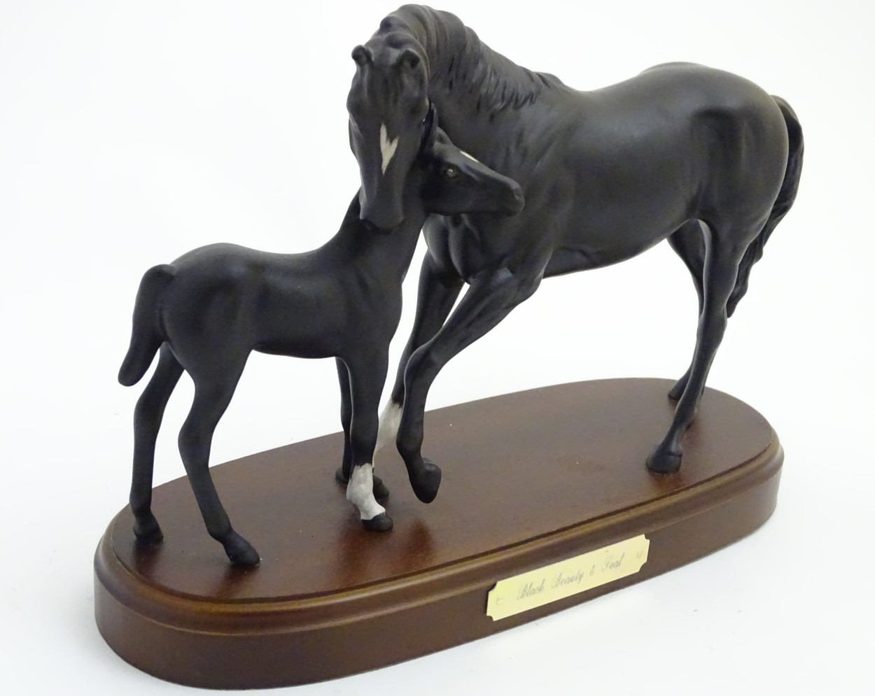 A Royal Doulton 'Black Beauty and Foal' equestrian group on a wooden plinth. Approx. - Image 4 of 7