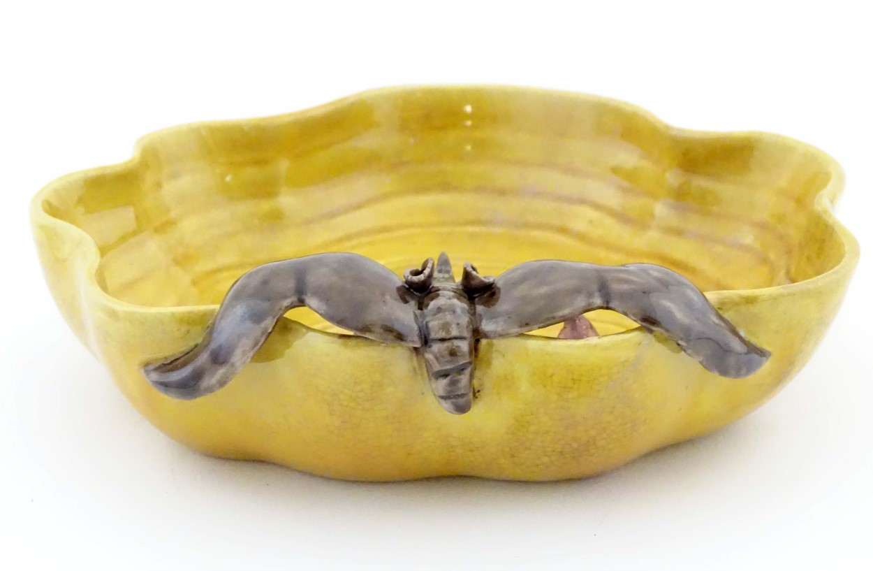 A Chinese wavy edged yellow brush wash dish with bat and fruit decoration, - Image 6 of 7