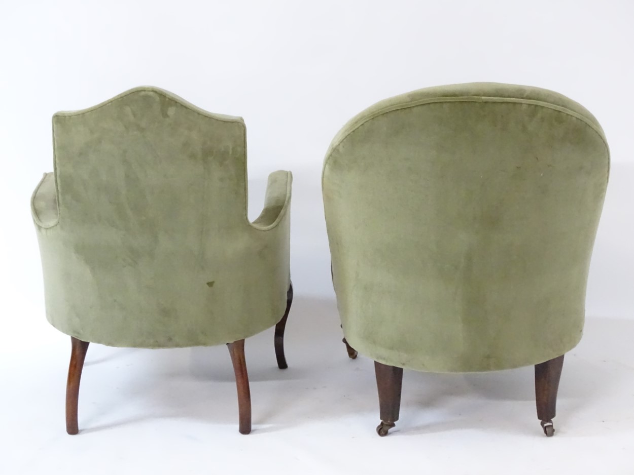 Two early 20thC nursing chairs, one with shield back, shaped arms, and standing on tapering legs. - Image 2 of 6