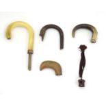 5 assorted cane / parasol handles to include carved wood, horn ,