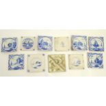 A quantity of Dutch Delft tiles, to include one decorated with a boy playing with a hoop and stick,