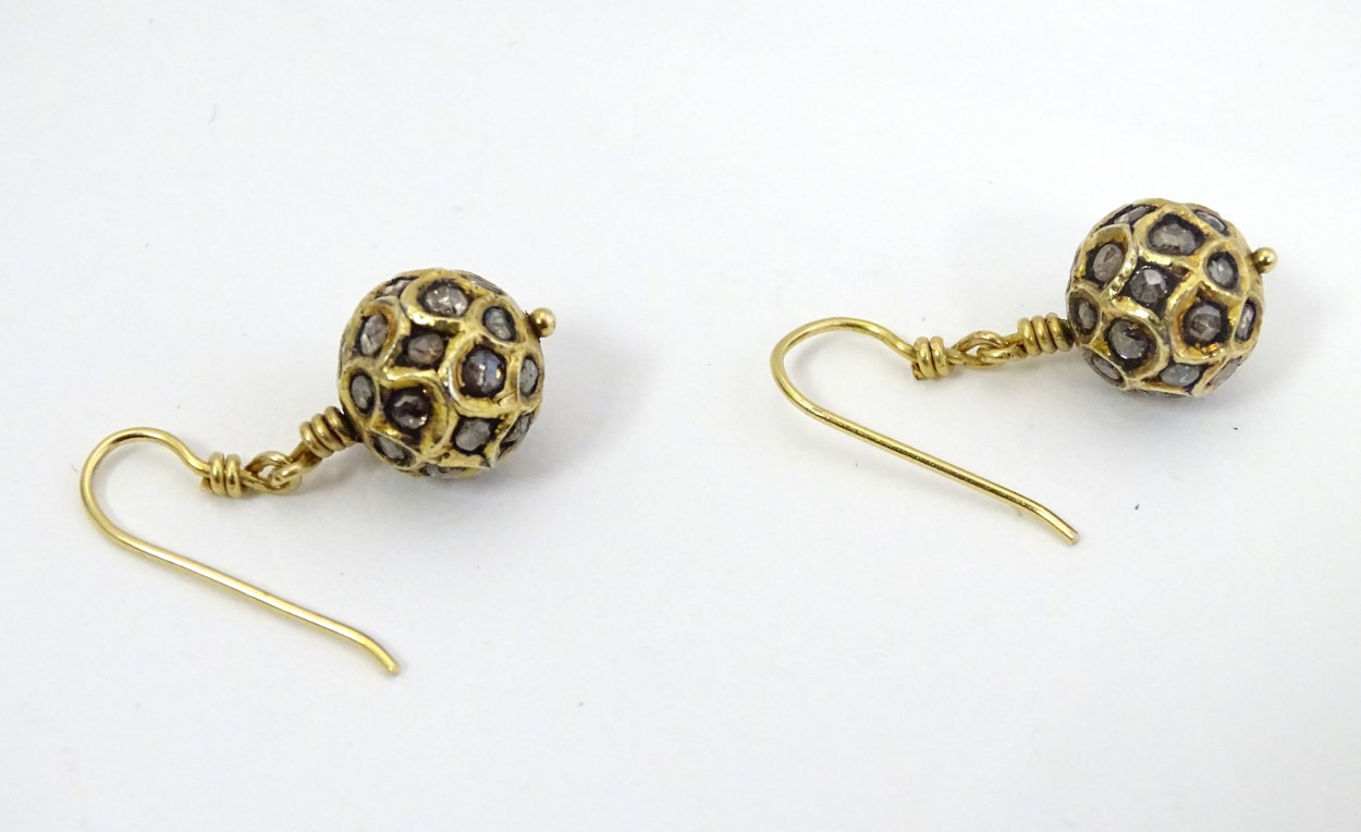 A pair of Art Deco 9ct gold and gilt drop earrings of spherical form set with a profusion of - Image 4 of 5