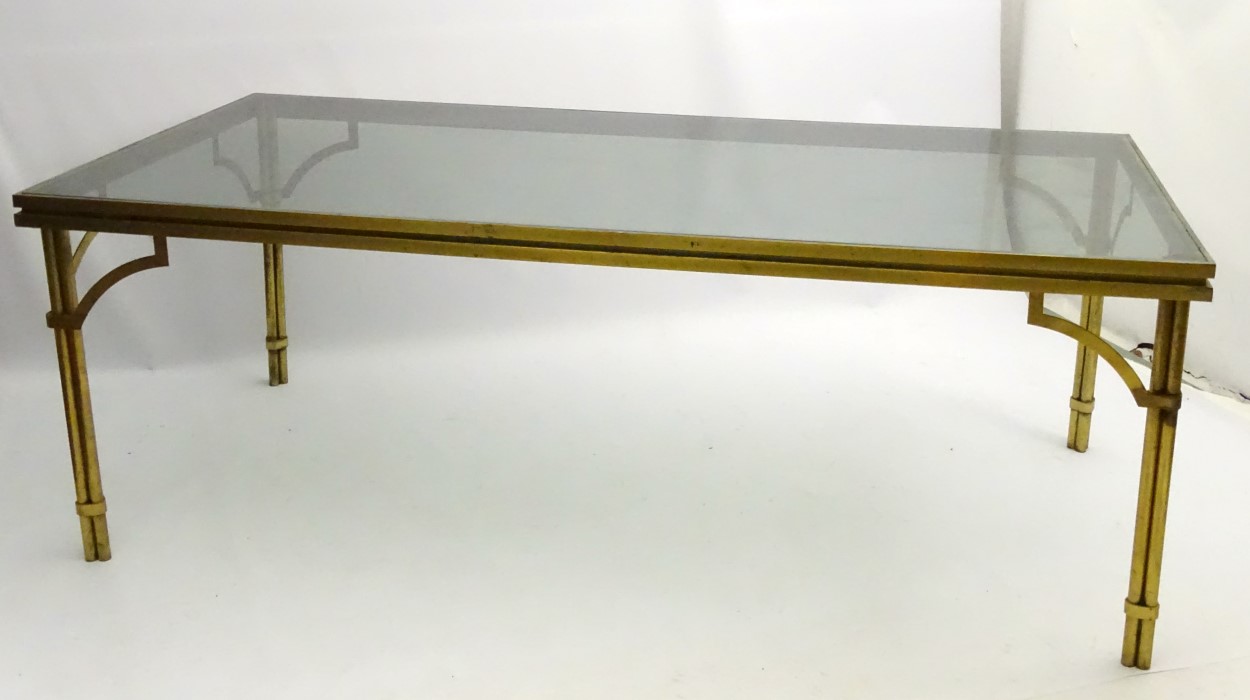 Mid Century Modern : a brass and glass topped dining table with triple gathered column legs and - Image 2 of 4