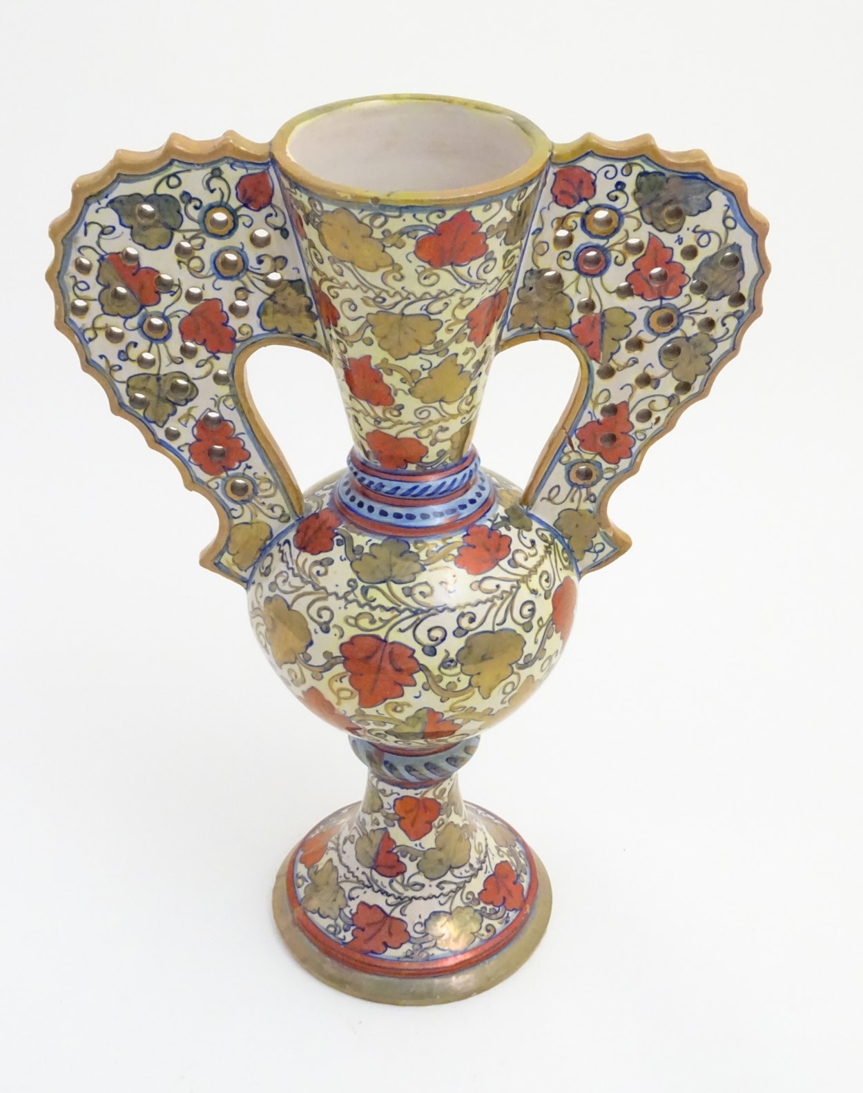 A late 20thC Italian Gu-shaped vase with large wavy edged handles with pierced decoration, - Image 3 of 6