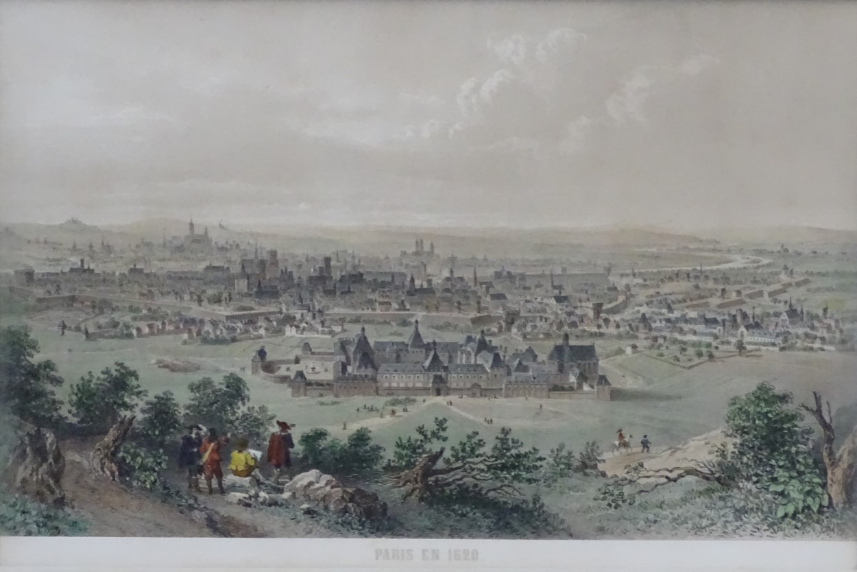 French, Topographical hand coloured stone lithograph / engraving, 'Paris en 1620'. - Image 3 of 4