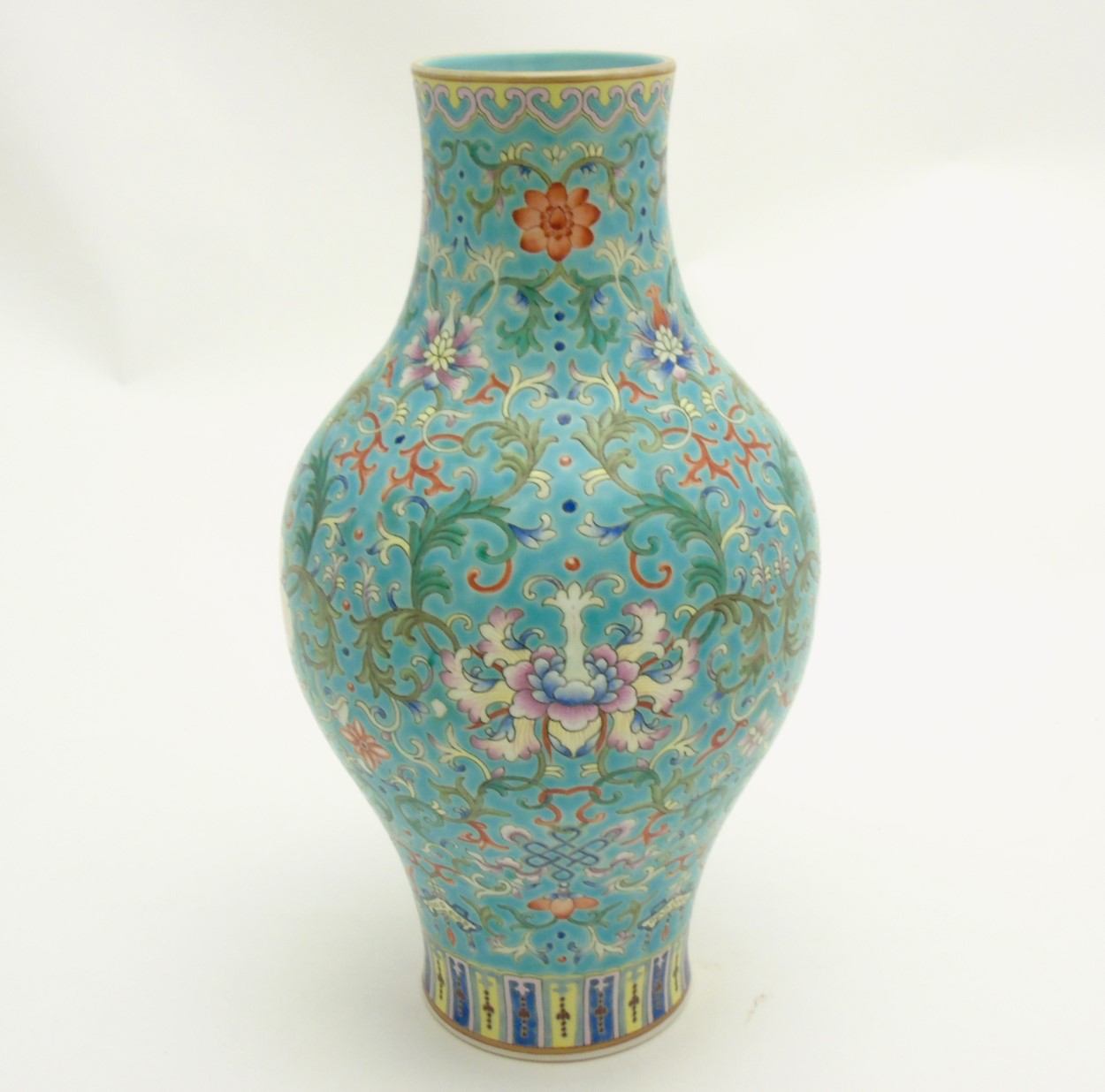 A Chinese Famille Rose turquoise-ground cloisonné-imitation vase, with round bulbous body to centre, - Image 6 of 8