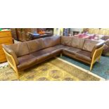 Vintage Retro : A Danish brown Leather Corner Sofa by Stouby, marked , with blonde beech frame ,