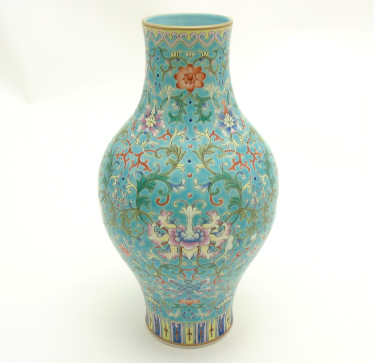 A Chinese Famille Rose turquoise-ground cloisonné-imitation vase, with round bulbous body to centre,