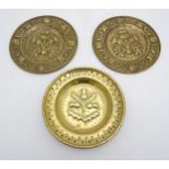 Decorative Metalware : Three brass Scottish theme plaques A pair embossed having thistle ,