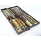 A 19thC horn handled 5-piece carving set together with an antler handled set CONDITION: