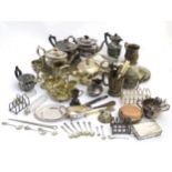 Assorted silver plated wares to include various teapots, toast racks, meat skewer, sandwich box,