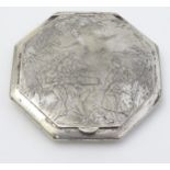 A silver plate powder compact of octagonal form with engraved decoration to lid 2 1/2" wide