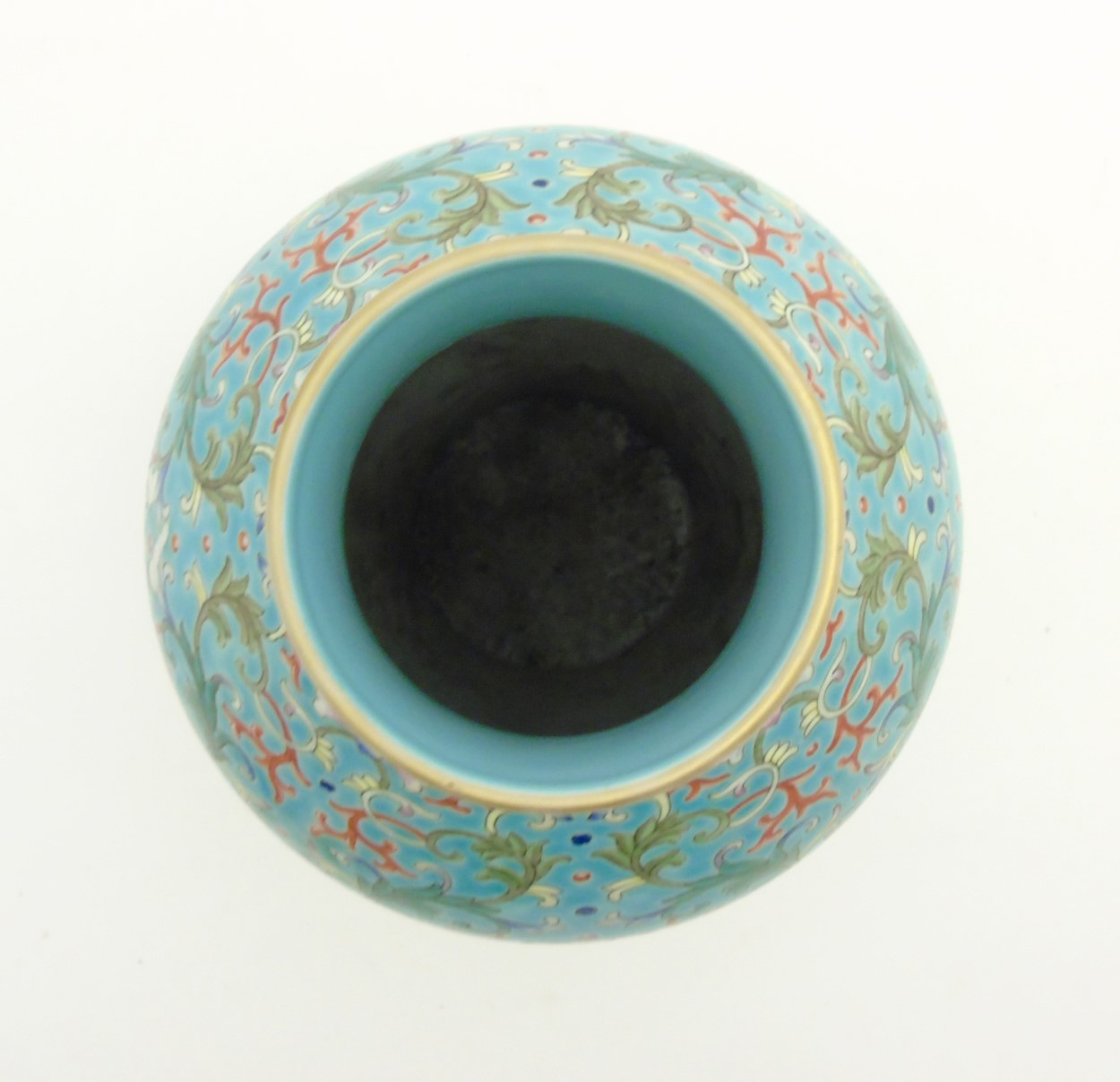 A Chinese Famille Rose turquoise-ground cloisonné-imitation vase, with round bulbous body to centre, - Image 2 of 8