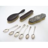 Assorted items including 6 assorted silver teaspoons together with a silver plate backed brush etc