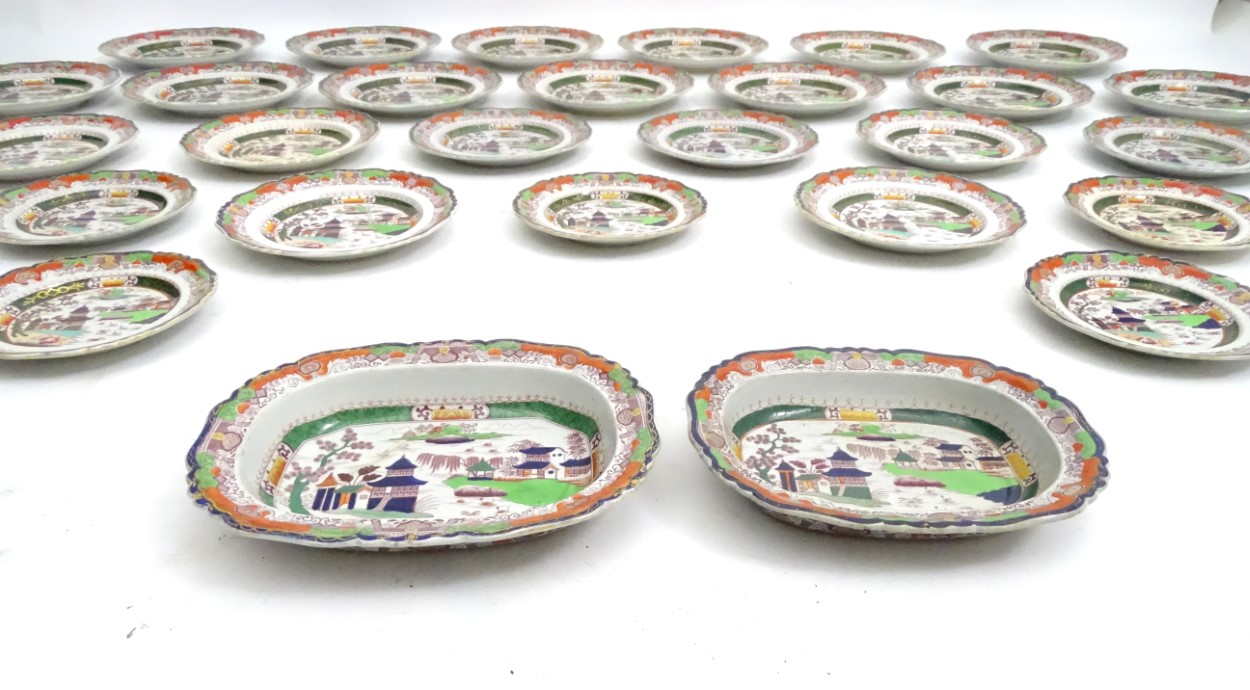 An assorted quantity of iron stone china dinner wares with a chinoiserie scene and clobbered - Image 7 of 15