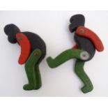 Two painted wooden monkey toys with articulated arms and legs. Approx. 7 1/2" high.