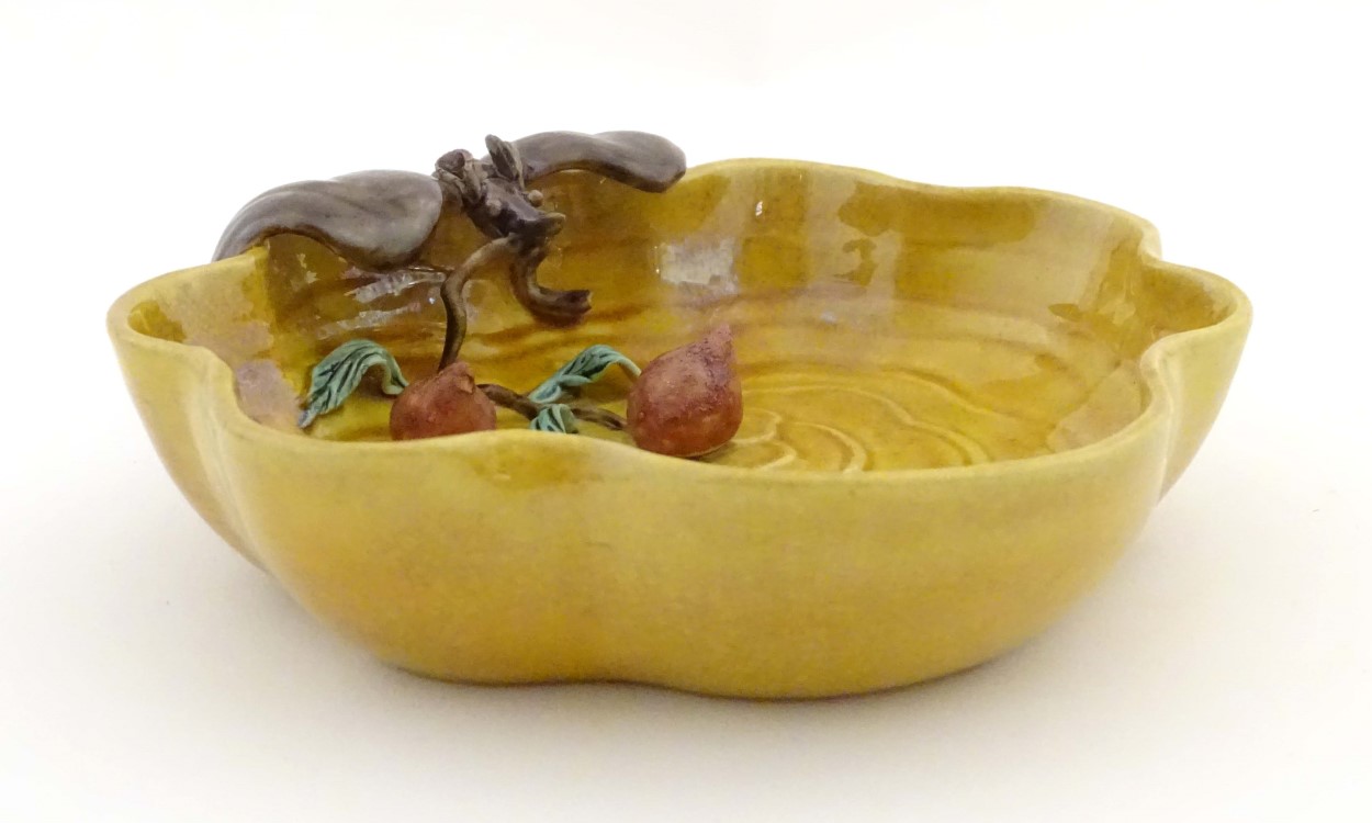 A Chinese wavy edged yellow brush wash dish with bat and fruit decoration, - Image 4 of 7