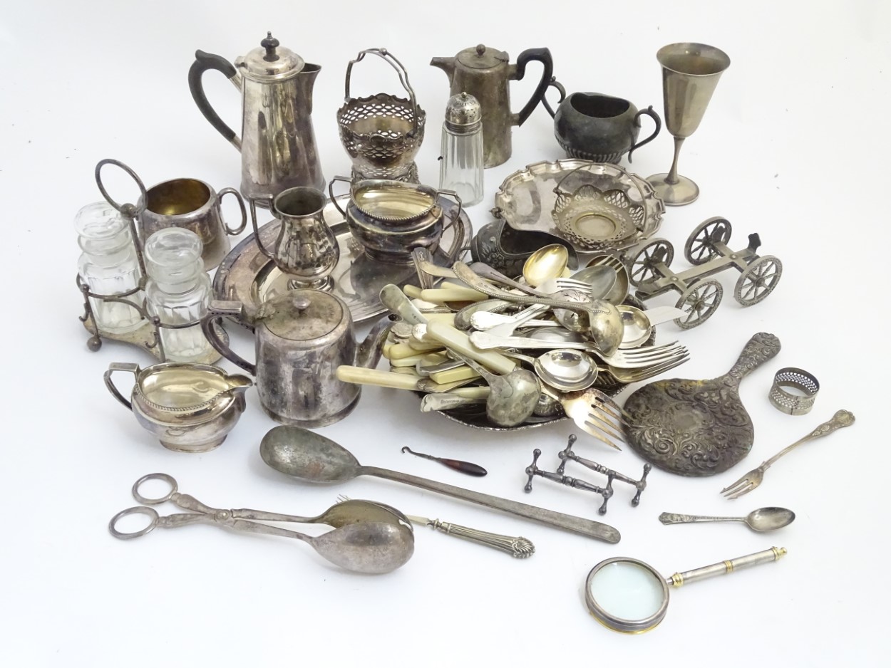 Assorted silver plate etc wares to include hot water pots, cruets, flatware, table carriage, - Image 3 of 10