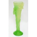 Daum France : a pate de verre Art Glass vase in emerald glass with pale citron highlights having