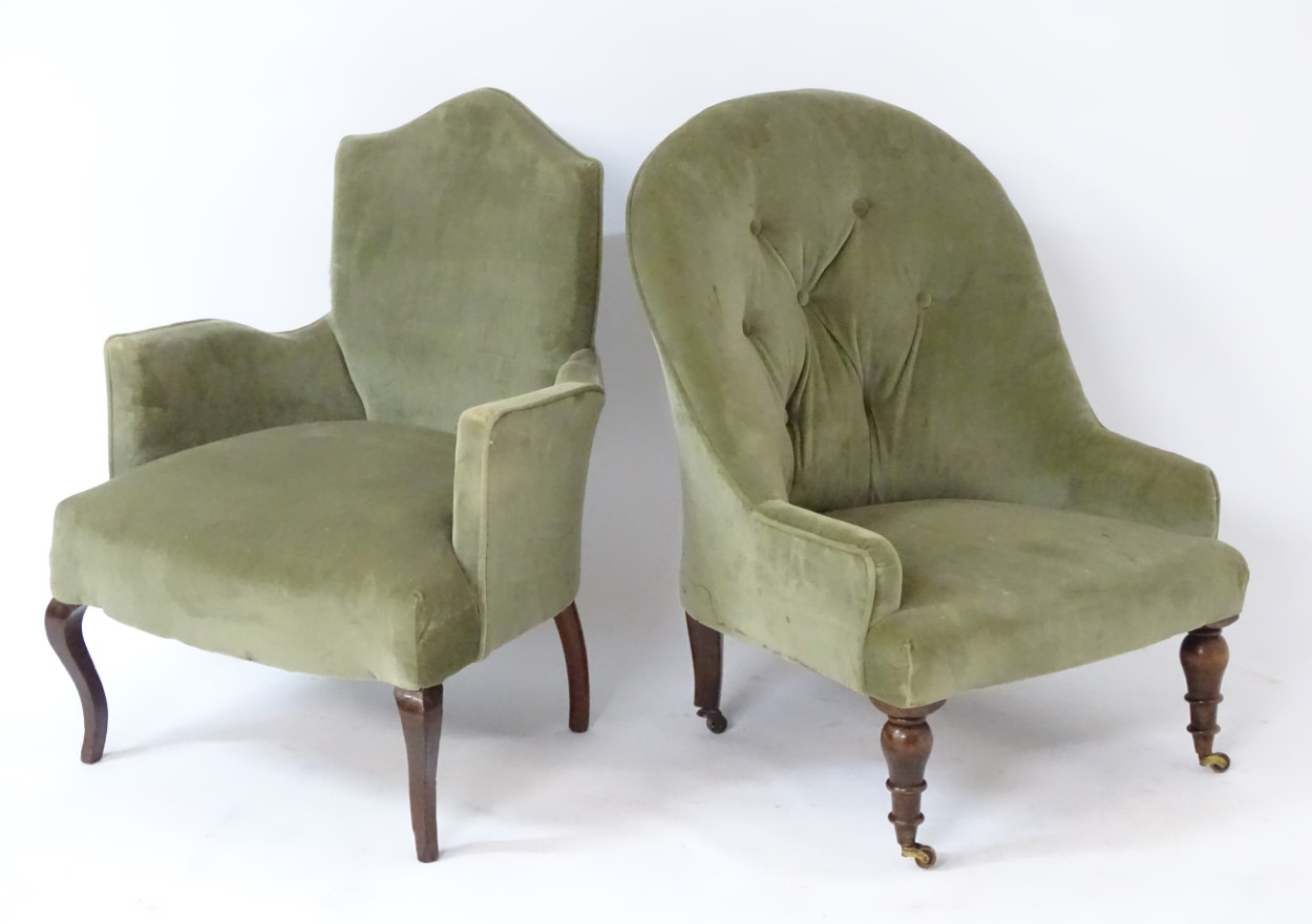 Two early 20thC nursing chairs, one with shield back, shaped arms, and standing on tapering legs.