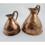 2 19thC / 20thC copper haystack / harvest jugs measures marked ' 1 Gallon' and '1/2 Gallon' .