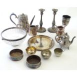 Assorted silver plated wares to include candlesticks, bottle coasters, teapot,