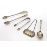 Assorted silver items comprising Victorian silver sugar tongs hallmarked 1892 maker Goldsmiths &